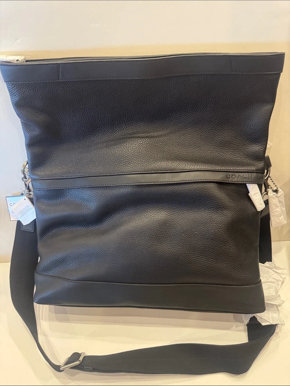 Coach Black Leather Messenger Bag with Adjustable Strap